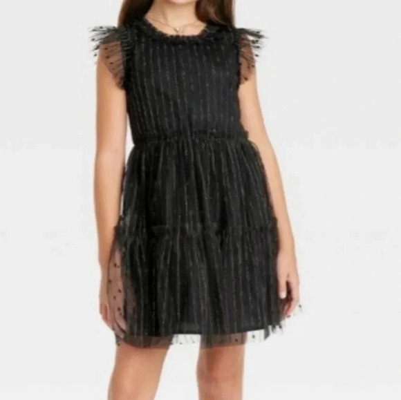 NWT flutter sleeve tiered tulle dress black gold metallic accents Girls 4 / 5 XS - Picture 5 of 8